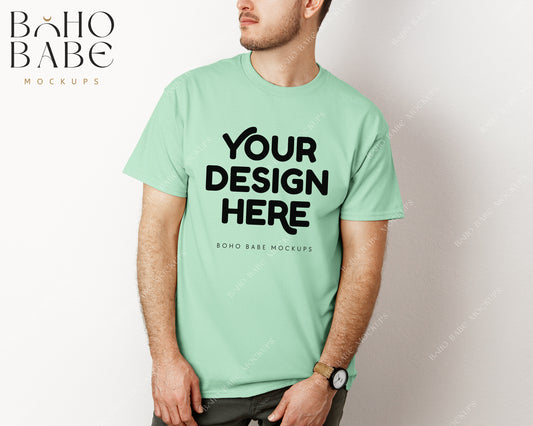 Gildan 5000 MINT GREEN Male Model Mockup | Boho Babe Model Shirt Mockup Design Vol.3