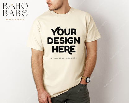 Gildan 5000 NATURAL Male Model Mockup | Boho Babe Model Shirt Mockup Design Vol.3