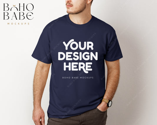 Gildan 5000 NAVY Male Model Mockup | Boho Babe Model Shirt Mockup Design Vol.3