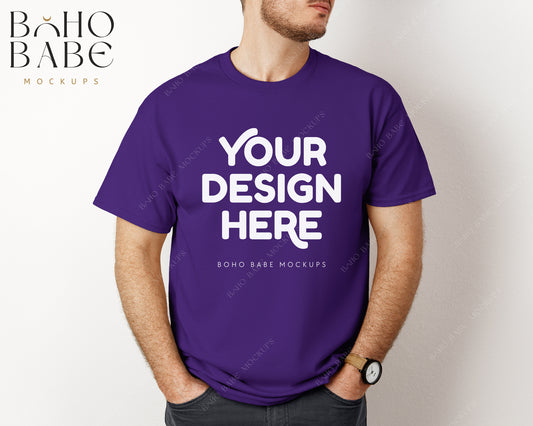 Gildan 5000 PURPLE Male Model Mockup | Boho Babe Model Shirt Mockup Design Vol.3