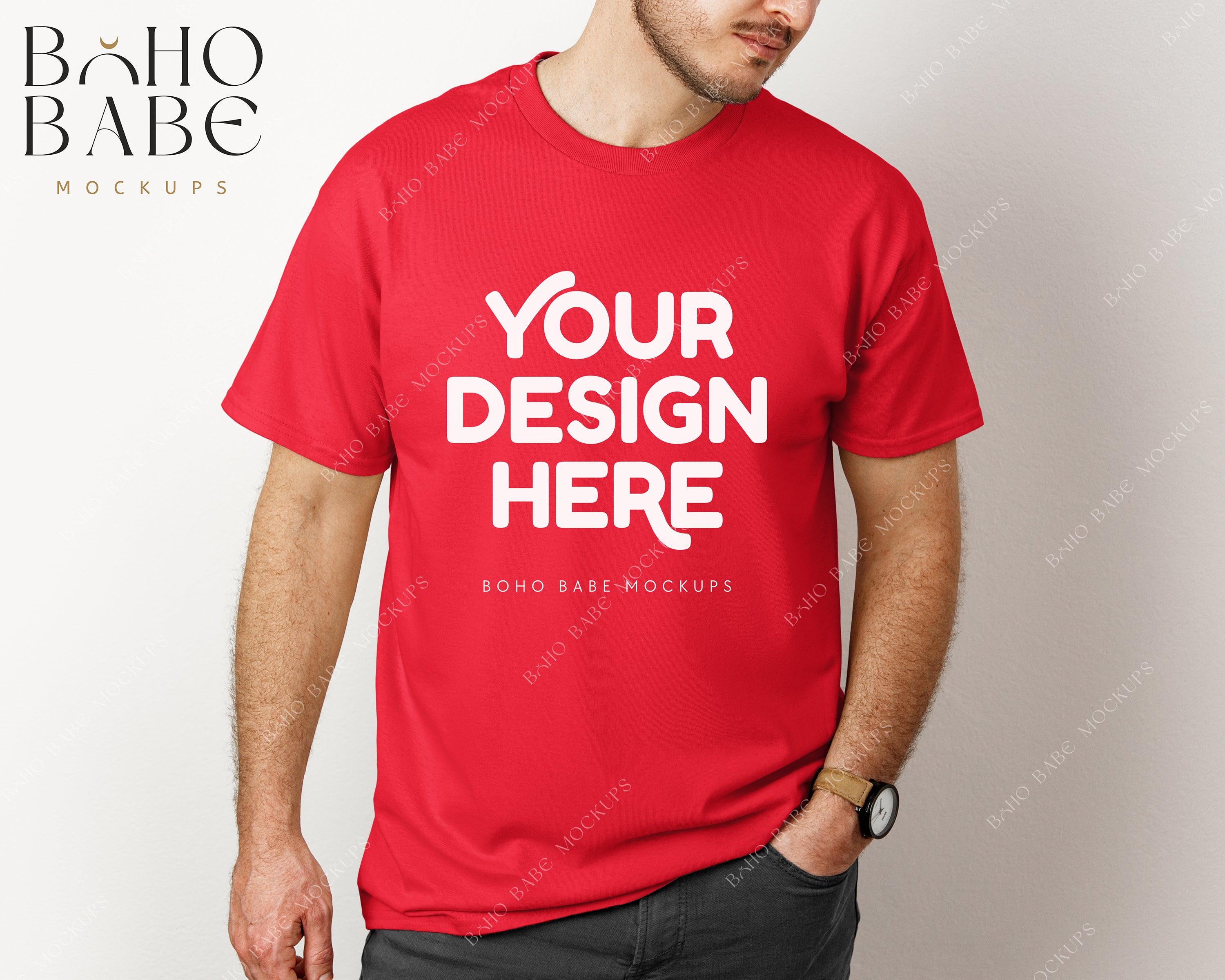 Model Shirt Example Gildan 5000 RED Male Model Mockup | Boho Babe Model Shirt Mockup Desig ...