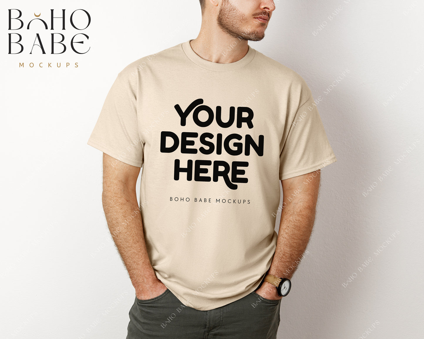 Gildan 5000 SAND Male Model Mockup | Boho Babe Model Shirt Mockup Design Vol.3