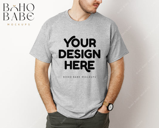 Gildan 5000 SPORT GREY Male Model Mockup | Boho Babe Model Shirt Mockup Design Vol.3