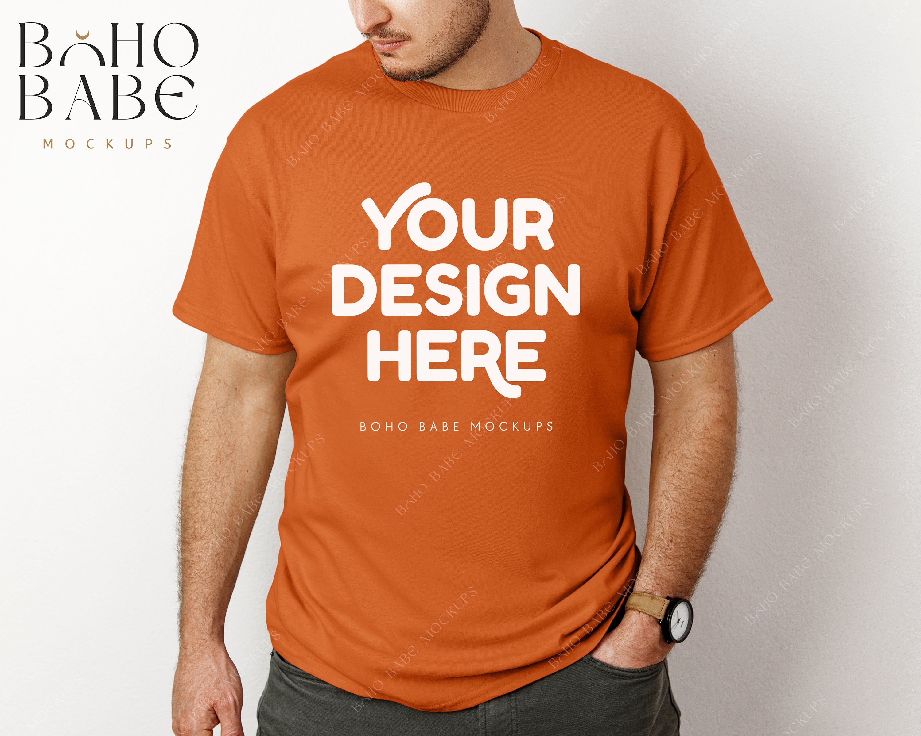 Gildan 5000 TEXAS ORANGE Male Model Mockup | Boho Babe Model Shirt Moc ...