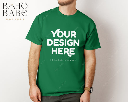 Gildan 5000 TURF GREEN Male Model Mockup | Boho Babe Model Shirt Mockup Design Vol.3