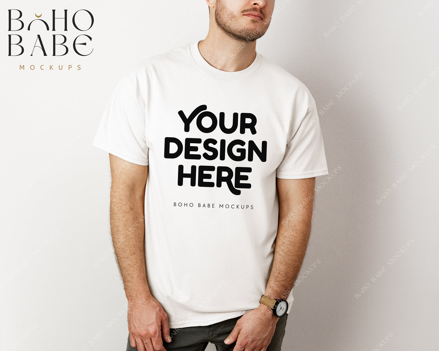 Gildan 5000 WHITE Male Model Mockup | Boho Babe Model Shirt Mockup Design Vol.3