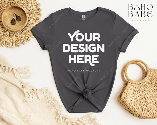 Gildan 64000 CHARCOAL T-shirt Mockup | Boho Babe Flatlay Mockup Design Vol.2