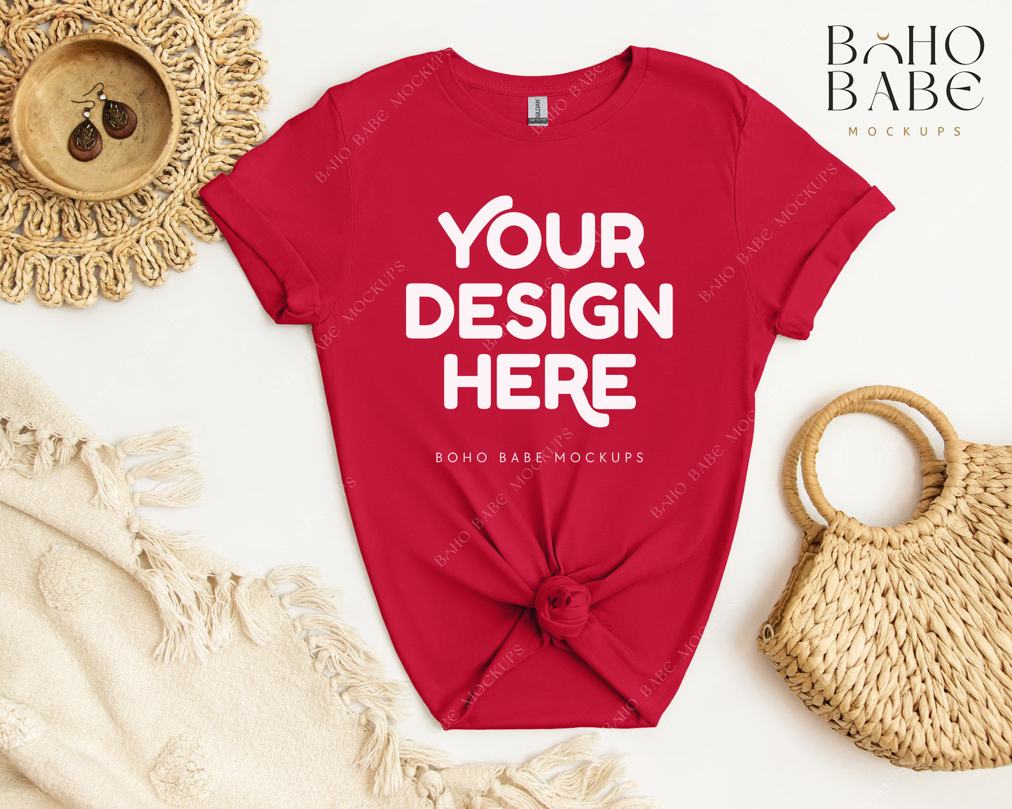 Gildan 64000 CHERRY RED T-shirt Mockup | Boho Babe Flatlay Mockup Design Vol.2