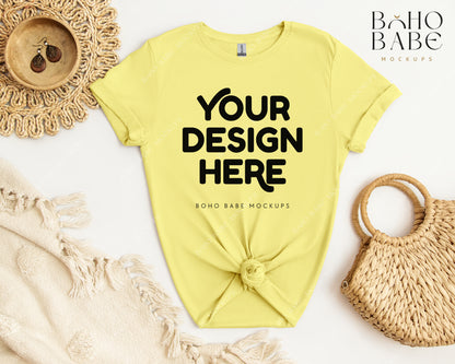 Gildan 64000 CORN SILK T-shirt Mockup | Boho Babe Flatlay Mockup Design Vol.2