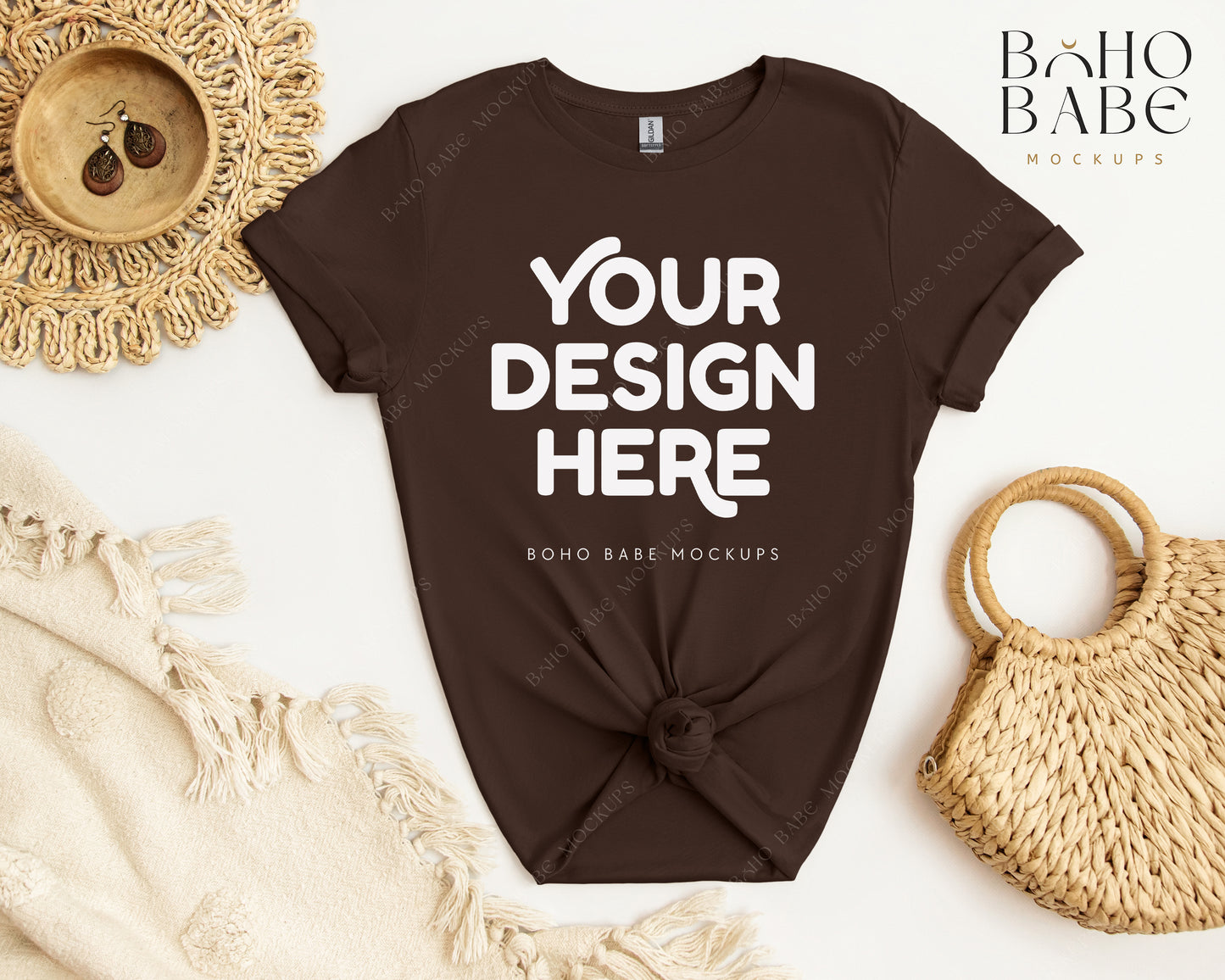 Gildan 64000 DARK CHOCOLATE T-shirt Mockup | Boho Babe Flatlay Mockup Design Vol.2