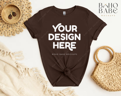 Gildan 64000 DARK CHOCOLATE T-shirt Mockup | Boho Babe Flatlay Mockup Design Vol.2