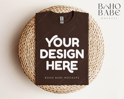 Gildan 64000 DARK CHOCOLATE T-shirt Mockup | Boho Babe Folded Mockup Design Vol.1