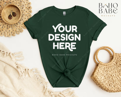 Gildan 64000 FOREST GREEN T-shirt Mockup | Boho Babe Flatlay Mockup Design Vol.2