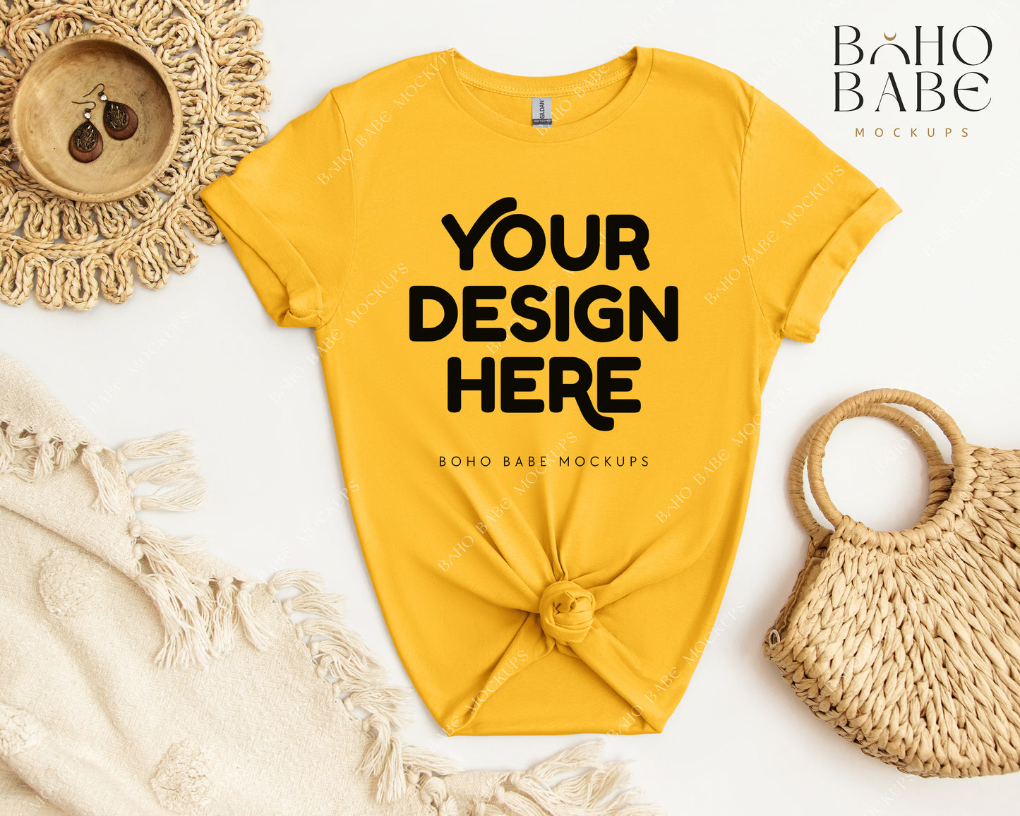 Gildan 64000 GOLD T-shirt Mockup | Boho Babe Flatlay Mockup Design Vol.2