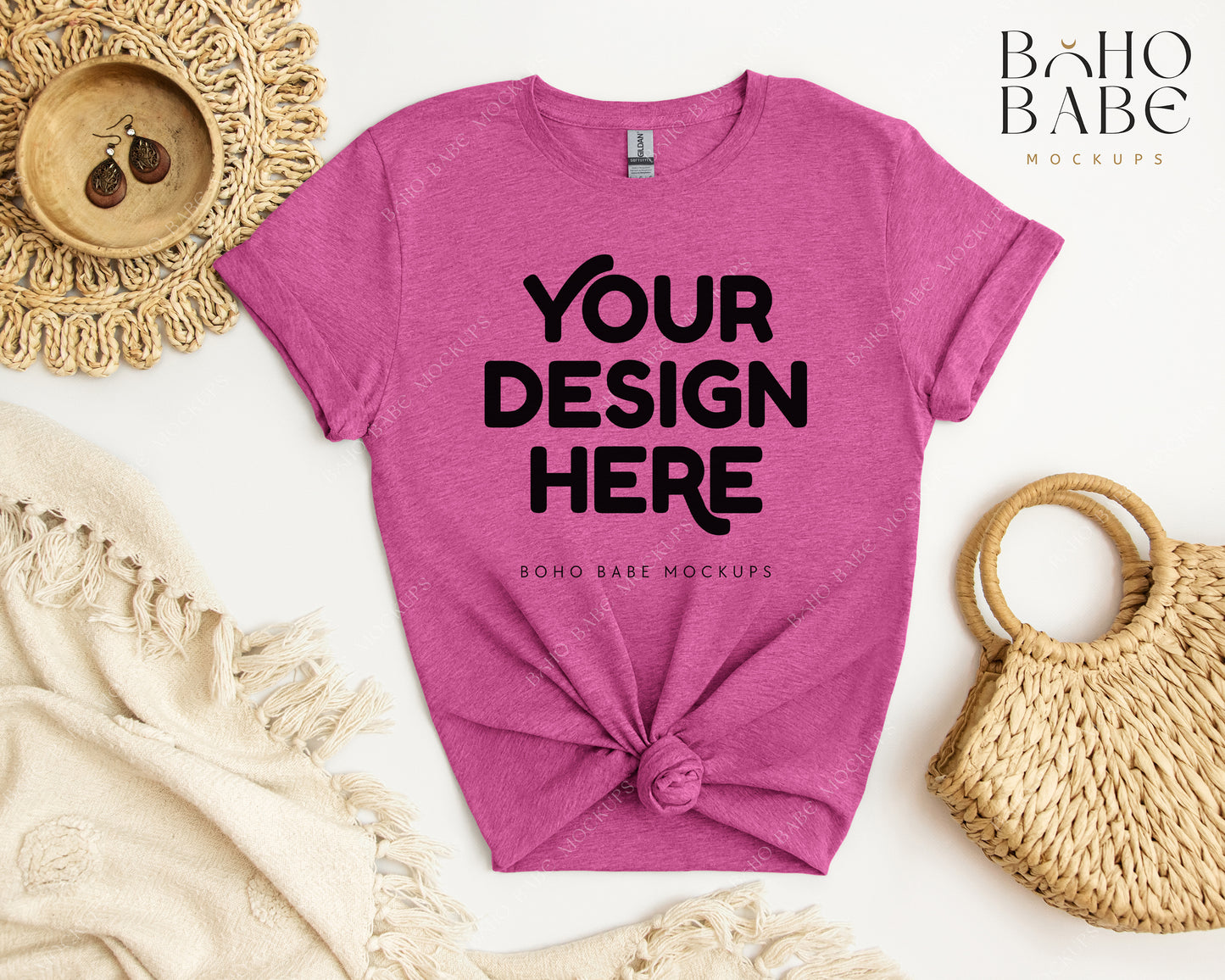 Gildan 64000 HEATHER BERRY T-shirt Mockup | Boho Babe Flatlay Mockup Design Vol.2