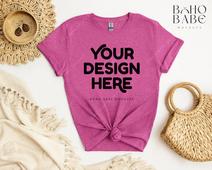 Gildan 64000 HEATHER BERRY T-shirt Mockup | Boho Babe Flatlay Mockup Design Vol.2