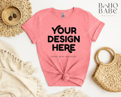 Gildan 64000 HEATHER CORAL SILK T-shirt Mockup | Boho Babe Flatlay Mockup Design Vol.2