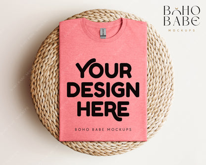 Gildan 64000 HEATHER CORAL SILK T-shirt Mockup | Boho Babe Folded Mockup Design Vol.1