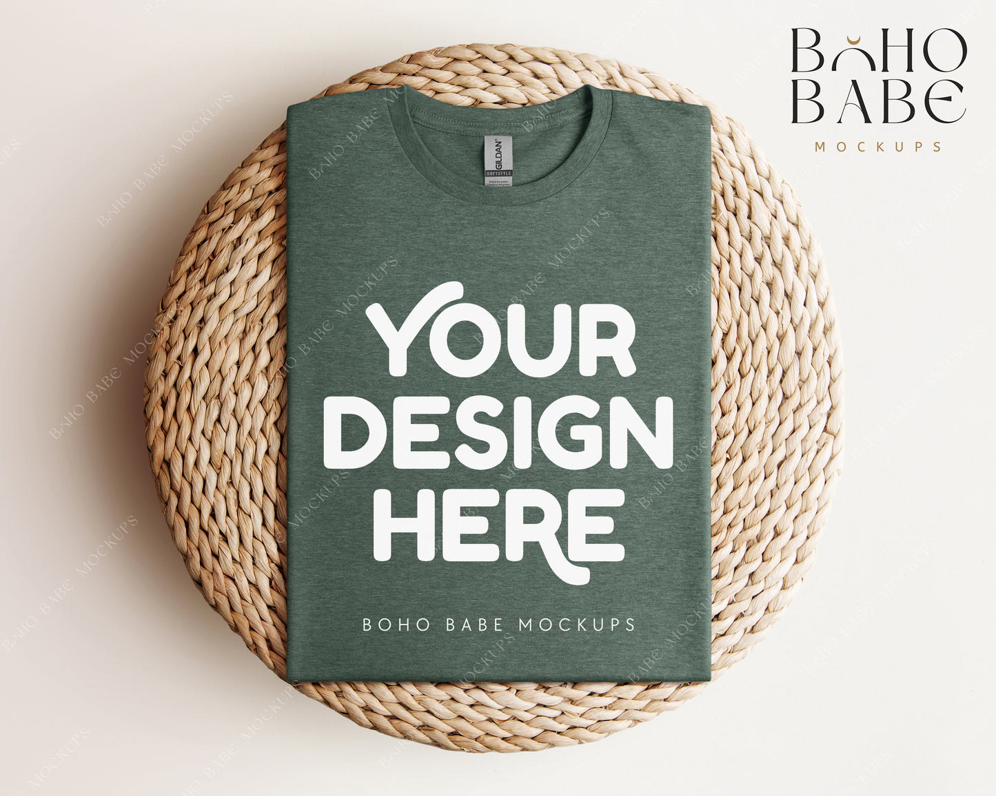 Gildan 64000 HEATHER FOREST GREEN T-shirt Mockup | Boho Babe Folded Mockup Design Vol.1