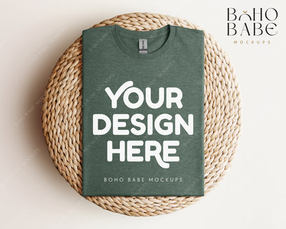 Gildan 64000 HEATHER FOREST GREEN T-shirt Mockup | Boho Babe Folded Mockup Design Vol.1