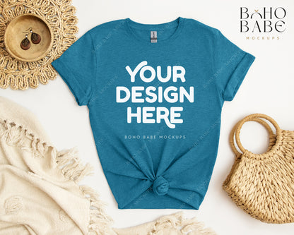 Gildan 64000 HEATHER HELICONIA T-shirt Mockup | Boho Babe Flatlay Mockup Design Vol.2