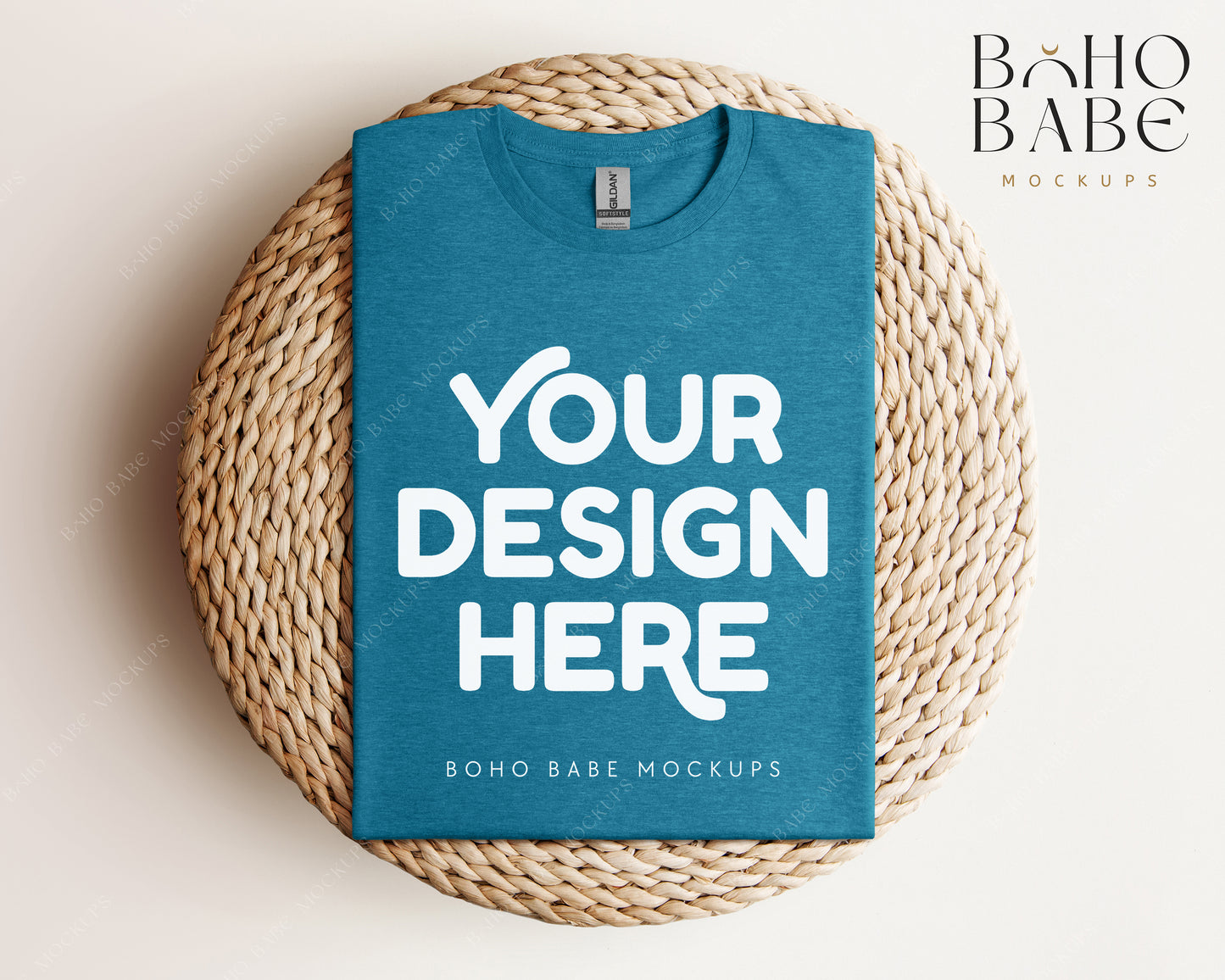 Gildan 64000 HEATHER GALAPAGOS BLUE T-shirt Mockup | Boho Babe Folded Mockup Design Vol.1