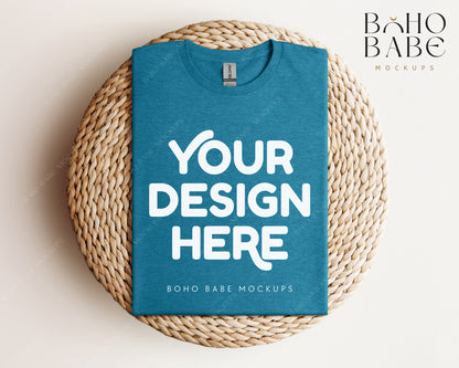 Gildan 64000 HEATHER GALAPAGOS BLUE T-shirt Mockup | Boho Babe Folded Mockup Design Vol.1