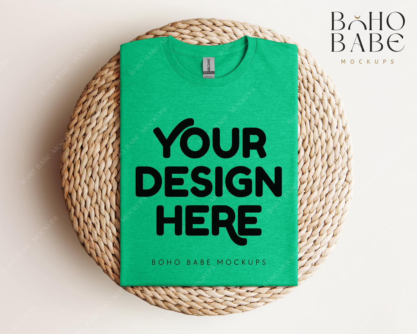 Gildan 64000 HEATHER IRISH GREEN T-shirt Mockup | Boho Babe Folded Mockup Design Vol.1