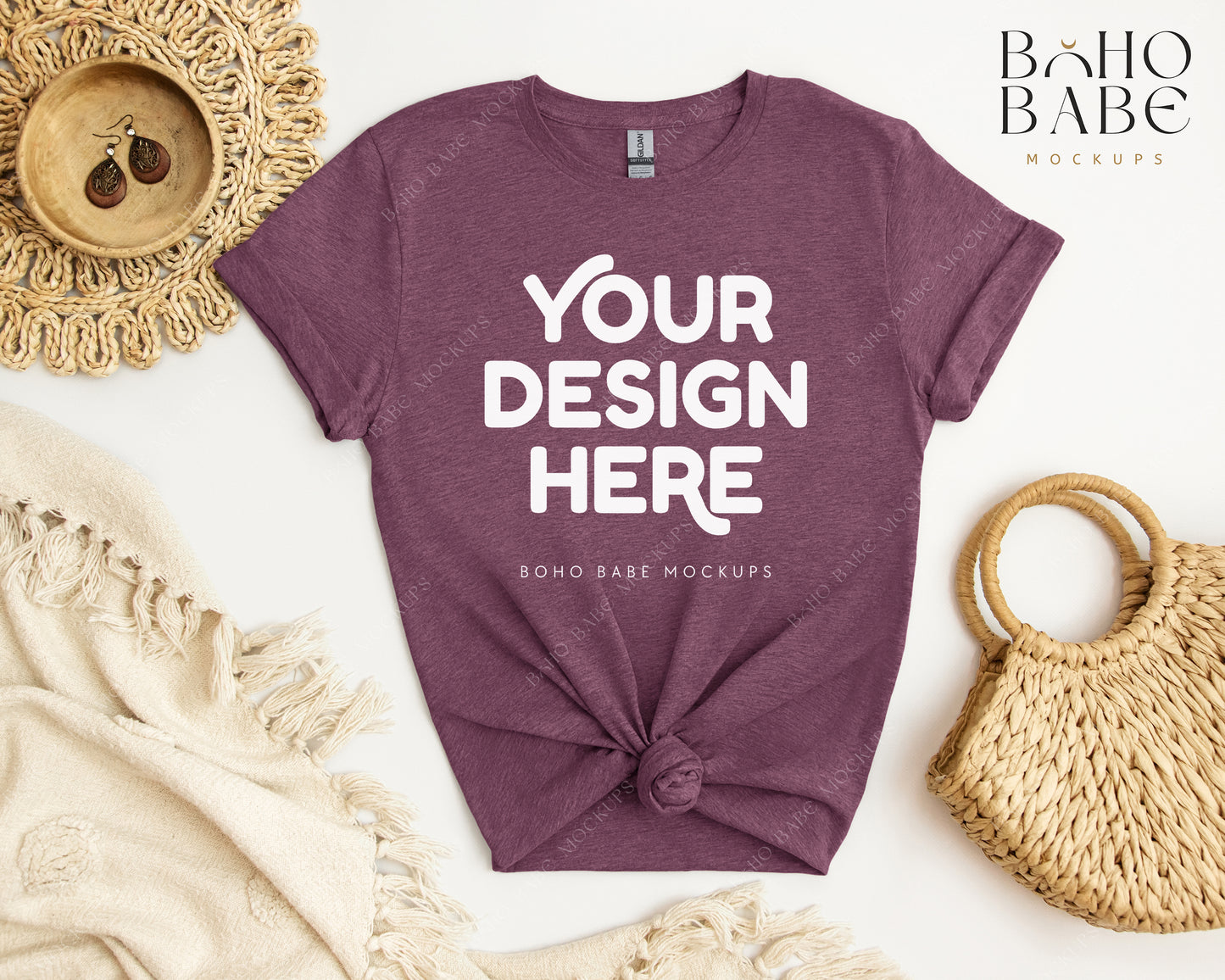 Gildan 64000 HEATHER MAROON T-shirt Mockup | Boho Babe Flatlay Mockup Design Vol.2