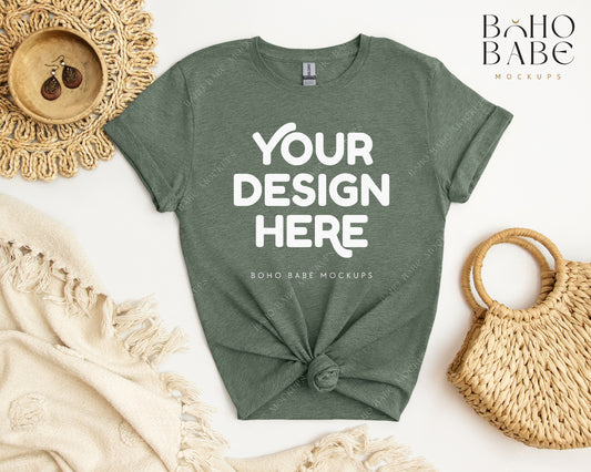 Gildan 64000 HEATHER MILITARY GREEN T-shirt Mockup | Boho Babe Flatlay Mockup Design Vol.2