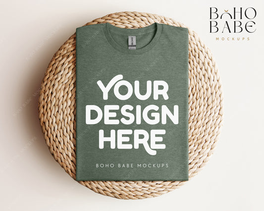 Gildan 64000 HEATHER MILITARY GREEN T-shirt Mockup | Boho Babe Folded Mockup Design Vol.1