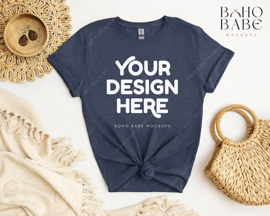 Gildan 64000 HEATHER NAVY T-shirt Mockup | Boho Babe Flatlay Mockup Design Vol.2