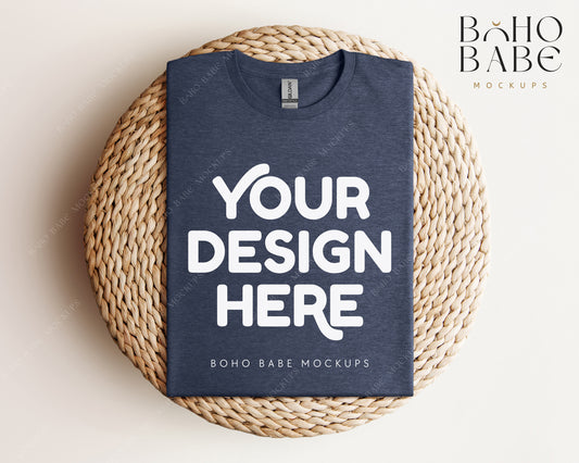 Gildan 64000 HEATHER NAVY T-shirt Mockup | Boho Babe Folded Mockup Design Vol.1