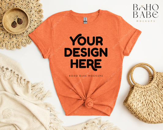 Gildan 64000 HEATHER ORANGE T-shirt Mockup | Boho Babe Flatlay Mockup Design Vol.2