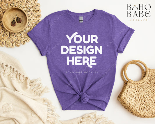 Gildan 64000 HEATHER PURPLE T-shirt Mockup | Boho Babe Flatlay Mockup Design Vol.2