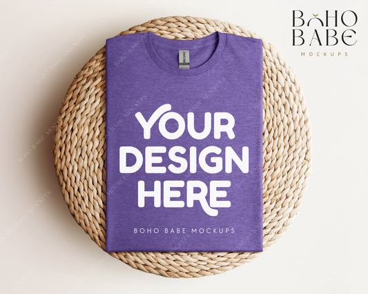 Gildan 64000 HEATHER PURPLE T-shirt Mockup | Boho Babe Folded Mockup Design Vol.1