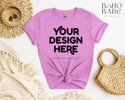 Gildan 64000 HEATHER RADIANT ORCHID T-shirt Mockup | Boho Babe Flatlay Mockup Design Vol.2