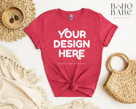 Gildan 64000 HEATHER RED T-shirt Mockup | Boho Babe Flatlay Mockup Design Vol.2