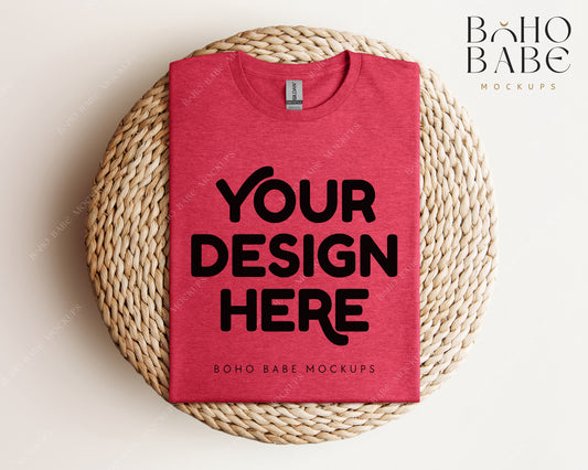 Gildan 64000 HEATHER RED T-shirt Mockup | Boho Babe Folded Mockup Design Vol.1