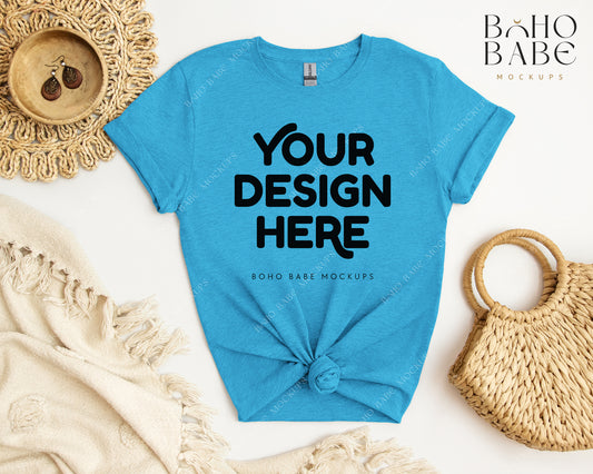 Gildan 64000 HEATHER SAPPHIRE T-shirt Mockup | Boho Babe Flatlay Mockup Design Vol.2