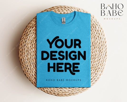 Gildan 64000 HEATHER SAPPHIRE T-shirt Mockup | Boho Babe Folded Mockup Design Vol.1