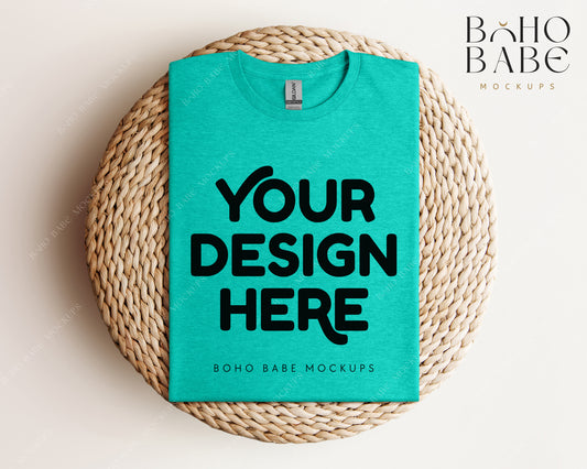 Gildan 64000 HEATHER SEA FOAM T-shirt Mockup | Boho Babe Folded Mockup Design Vol.1