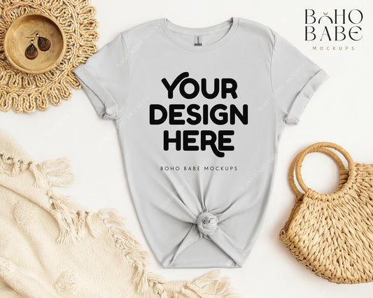 Gildan 64000 ICE GREY T-shirt Mockup | Boho Babe Flatlay Mockup Design Vol.2