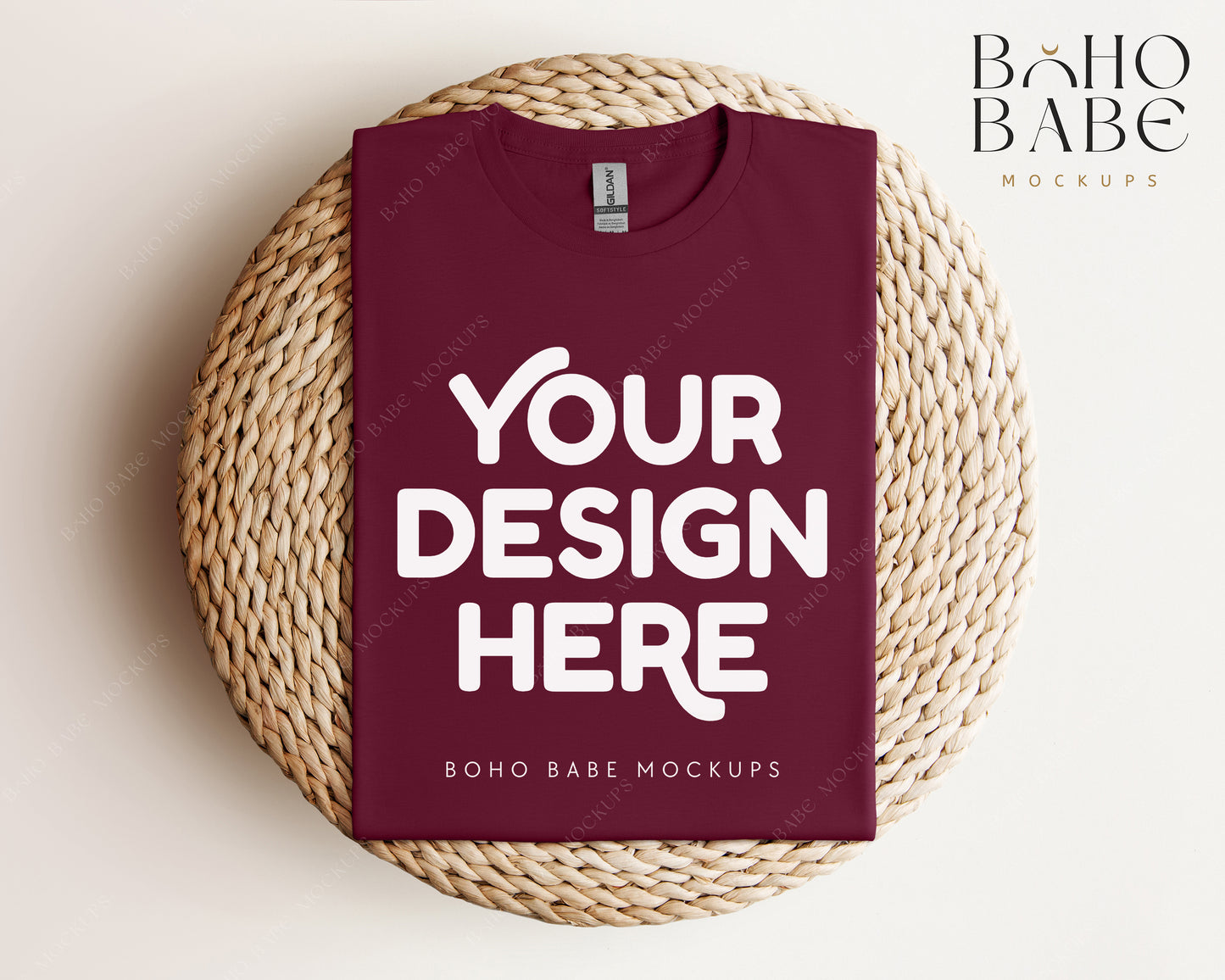 Gildan 64000 MAROON T-shirt Mockup | Boho Babe Folded Mockup Design Vol.1