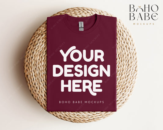 Gildan 64000 MAROON T-shirt Mockup | Boho Babe Folded Mockup Design Vol.1