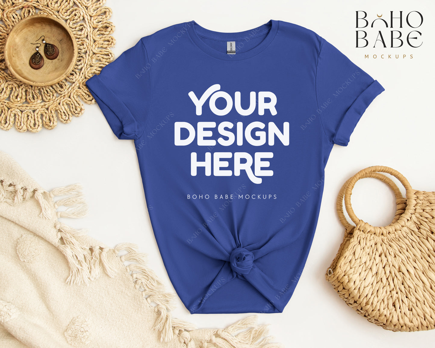 Gildan 64000 METRO BLUE T-shirt Mockup | Boho Babe Flatlay Mockup Design Vol.2