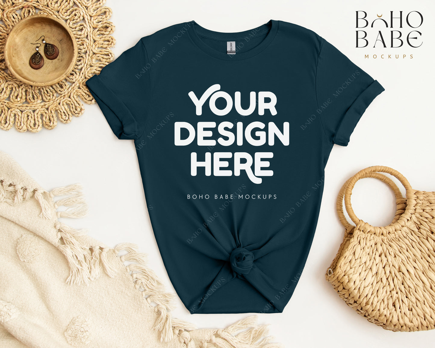 Gildan 64000 MIDNIGHT T-shirt Mockup | Boho Babe Flatlay Mockup Design Vol.2