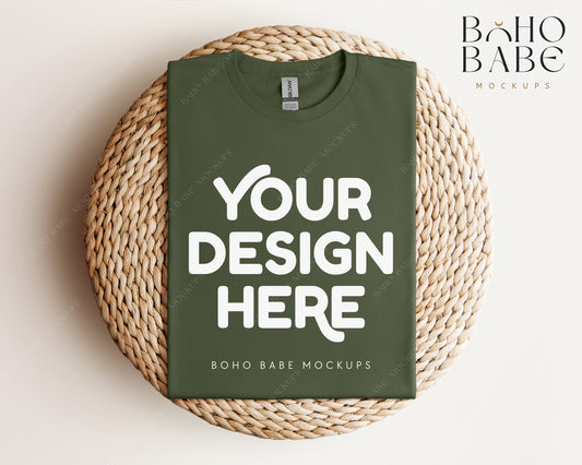 Gildan 64000 MILITARY GREEN T-shirt Mockup | Boho Babe Folded Mockup Design Vol.1