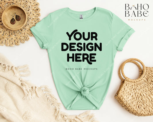 Gildan 64000 MINT GREEN T-shirt Mockup | Boho Babe Flatlay Mockup Design Vol.2