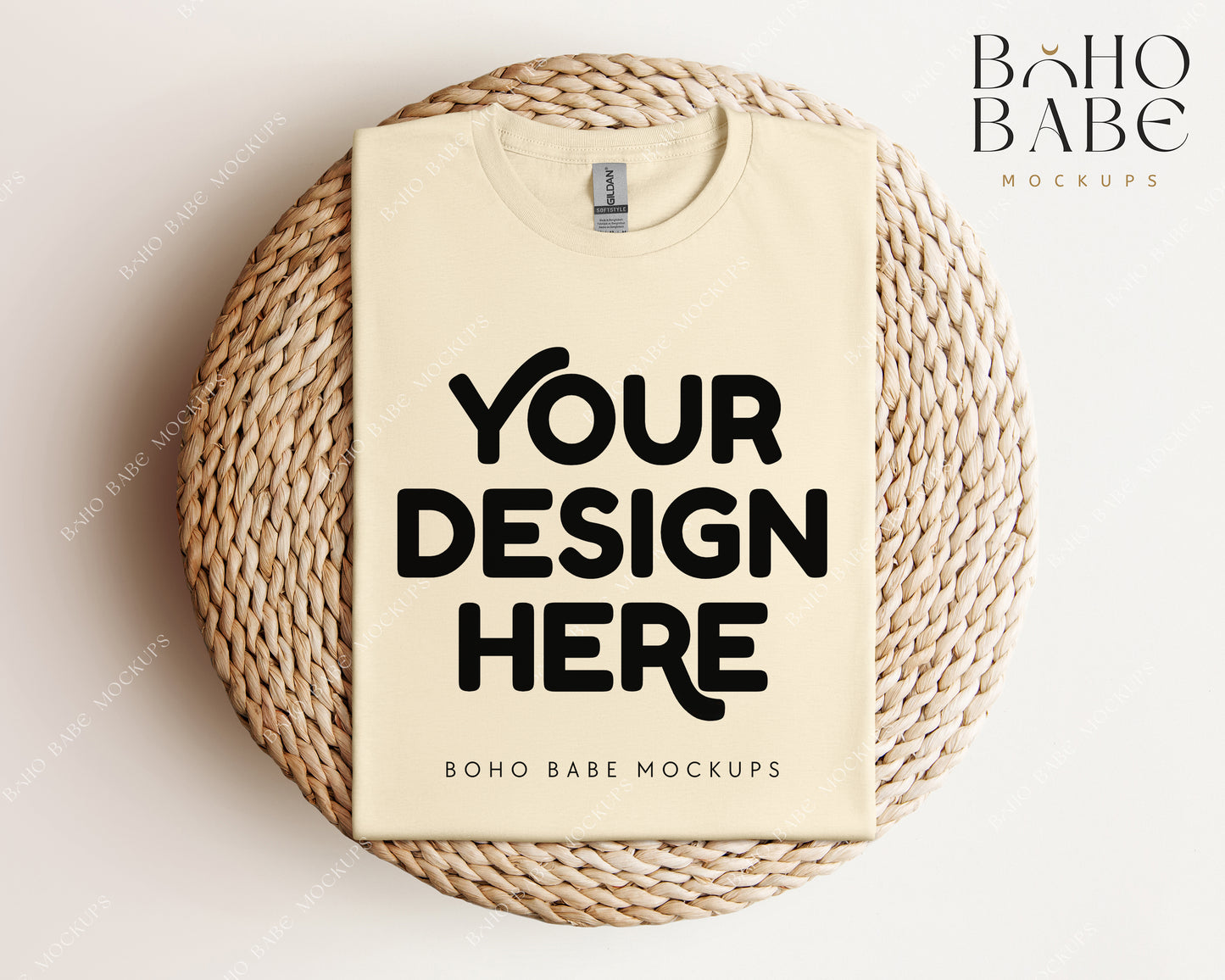 Gildan 64000 NATURAL T-shirt Mockup | Boho Babe Folded Mockup Design Vol.1